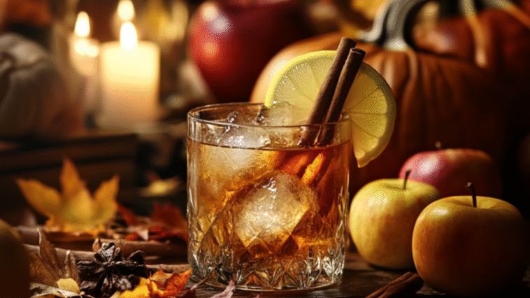 Amber Bulleit bourbon cocktail with ice, cinnamon sticks, and a lemon slice, set among pumpkins, apples, autumn leaves, and candlelight in a fall setting.