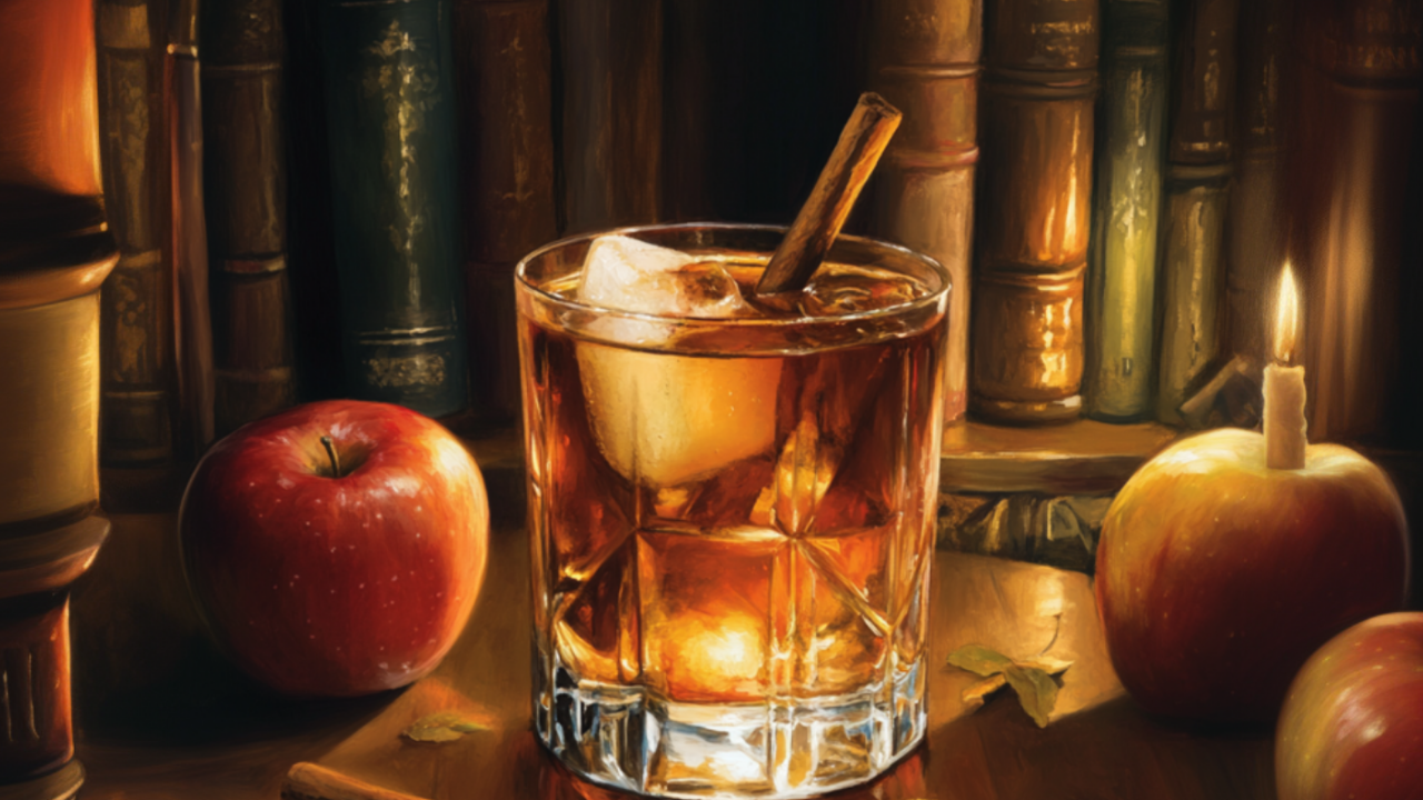 A Calvados cocktail with a cinnamon stick sits in a cozy library, surrounded by apples, warm lighting, and a moonlit orchard painting.