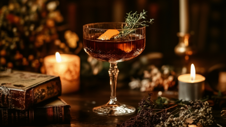 A cardamaro cocktail sits in an elegant glass, garnished with orange and herbs, surrounded by candlelight, books, and warm, moody decor in a dark room.