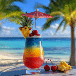 A vibrant rainbow-colored Caribbean cocktail with pineapple, cherries, and a mini umbrella sits on a beach table under palm trees beside turquoise water.