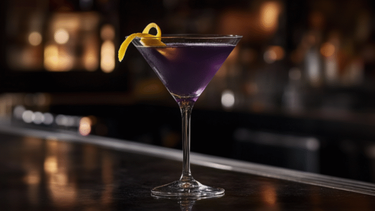Cleo cocktail in a martini glass with deep purple hue and lemon twist, set on a sleek bar with ambient lighting and modern, upscale decor.