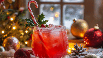 A bright red Christmas cocktail with a candy cane and holly garnish glows on a festive table, surrounded by lights, ornaments, and a snowy window backdrop.