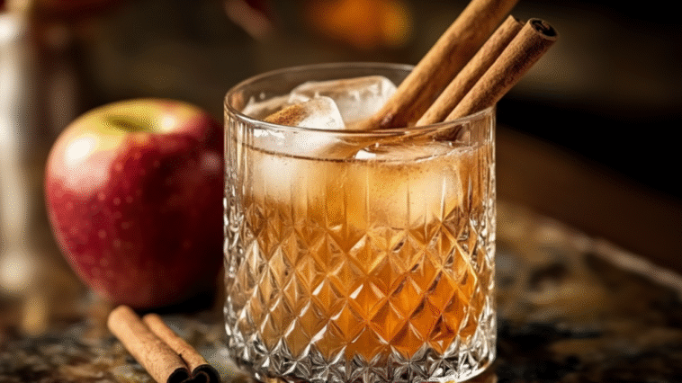 A warm cinnamon cocktail in a textured glass topped with cinnamon sticks, set beside an apple