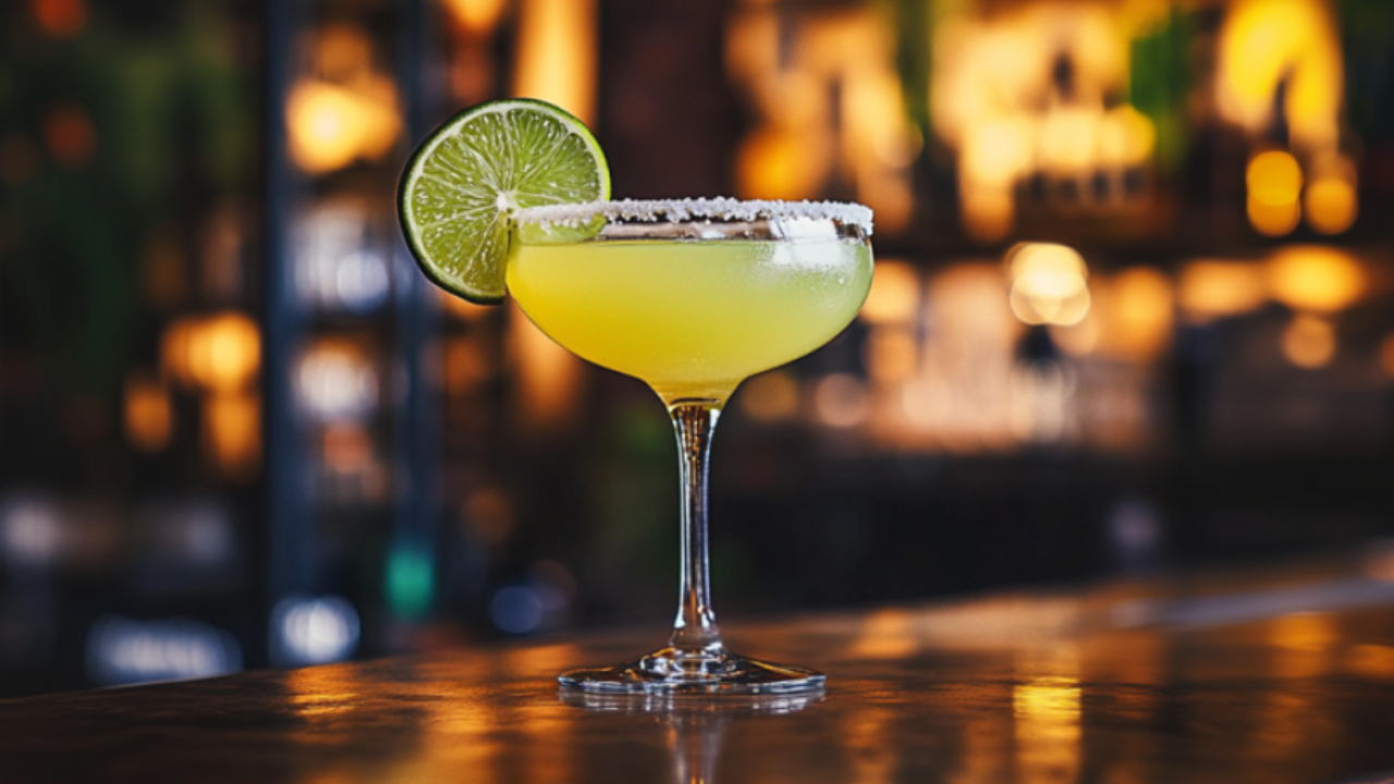 Classic Margarita in a salt-rimmed glass with lime wedge garnish, vibrant lime-green color, set against a softly lit, blurred bar background.