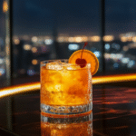 A Dry Curaçao cocktail garnished with orange and cherry glows under elegant bar lighting, set against a curved shelf and city night view.