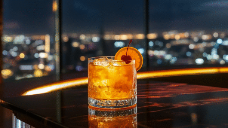 A Dry Curaçao cocktail garnished with orange and cherry glows under elegant bar lighting, set against a curved shelf and city night view.