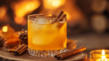 A cozy bourbon cocktail sits on a wooden slab, surrounded by fall leaves, cinnamon sticks, and candlelight, set against a warm fireplace glow.