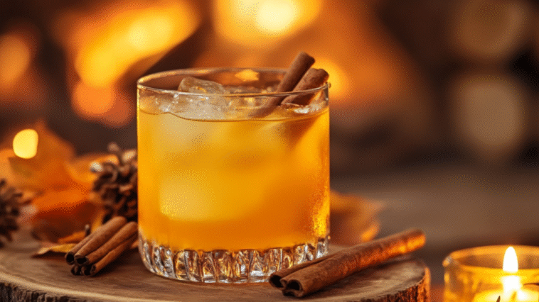 26 Cozy Bourbon Cocktails to Warm Up Your Autumn Evenings 1 A cozy bourbon cocktail sits on a wooden slab, surrounded by fall leaves, cinnamon sticks, and candlelight, set against a warm fireplace glow.