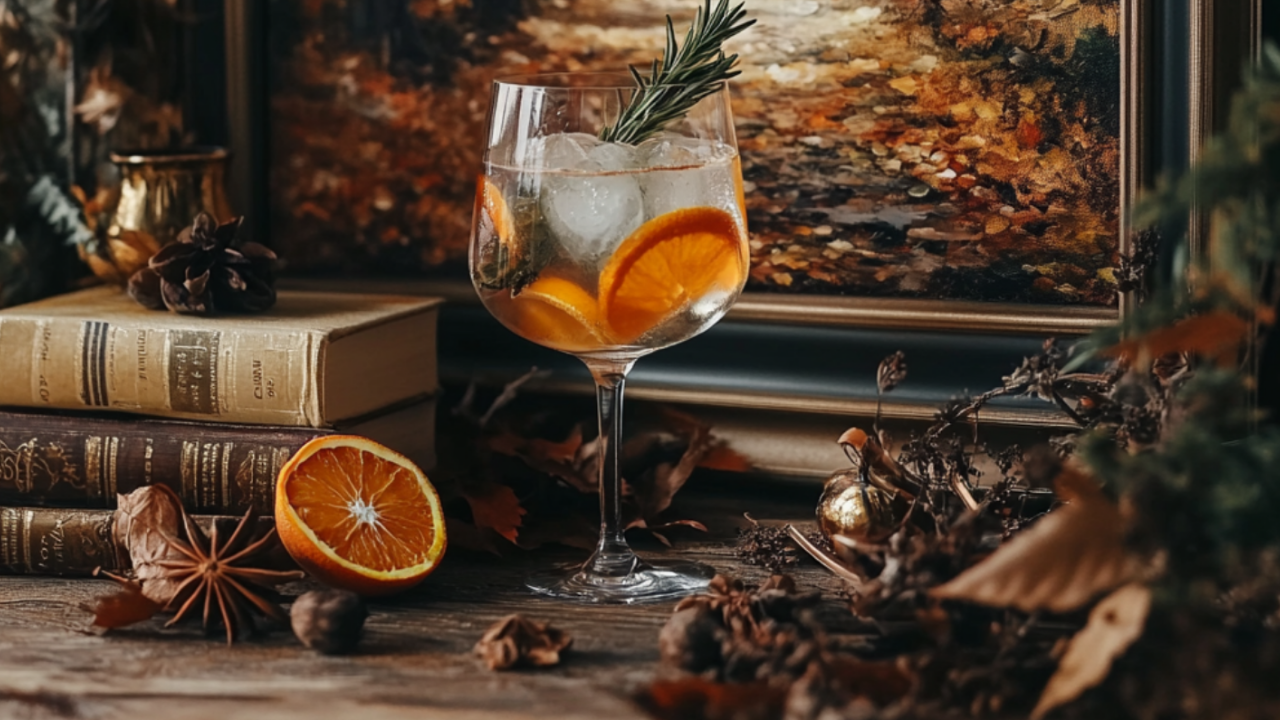 A crisp fall gin cocktail with orange and rosemary sits on a cozy table with spices, leaves, and books, framed by a warm autumn forest painting.
