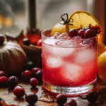 A bright cranberry vodka cocktail sits by a window, with lemons, cranberries, fall leaves, and warm lantern light setting a cozy autumn mood.