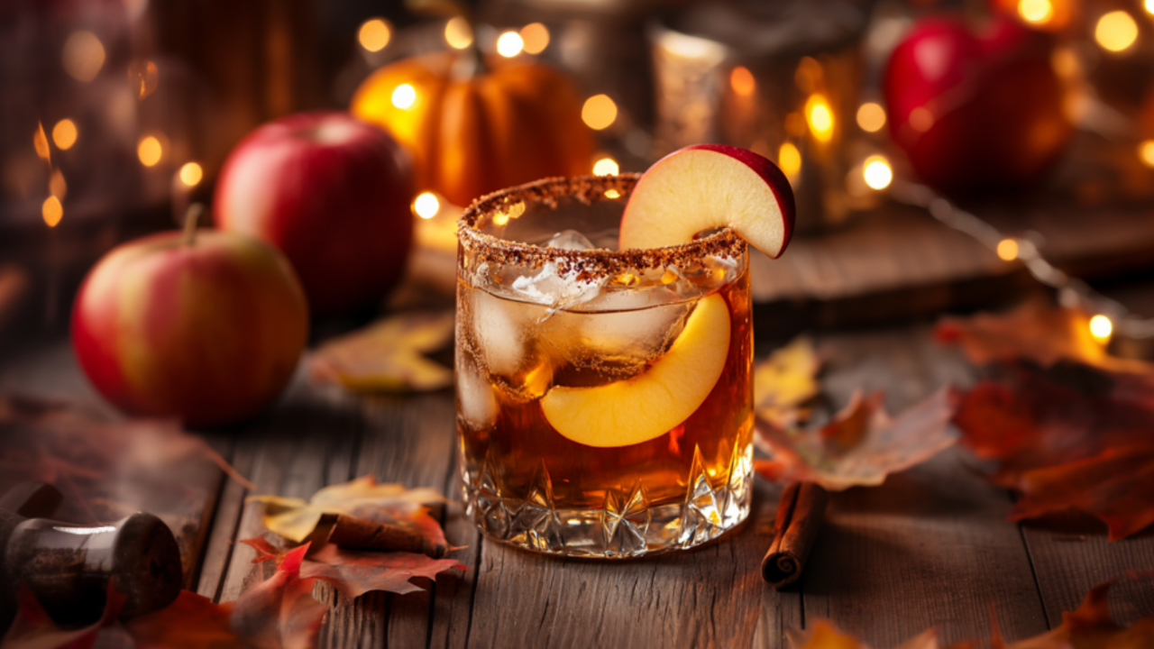 A fall whiskey cocktail with cinnamon and apple slice, set on a rustic table with autumn leaves, apples, and pumpkins glowing in warm, festive lighting.