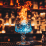 Vibrant flaming cocktail in a crystal glass with blue and orange flames rising above, set on a sleek bar surrounded by warm lights and shelves of bottles.
