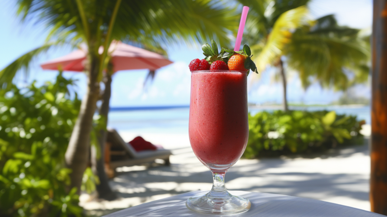 A bright red frozen strawberry cocktail with a pink umbrella and fresh berries sits on a beachside table, with palm trees and loungers in the sunny background.