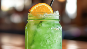 green cocktail on a bar top