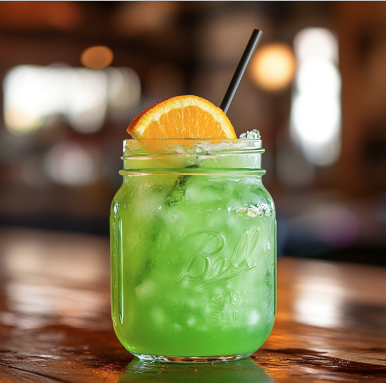 green cocktail on a bar top