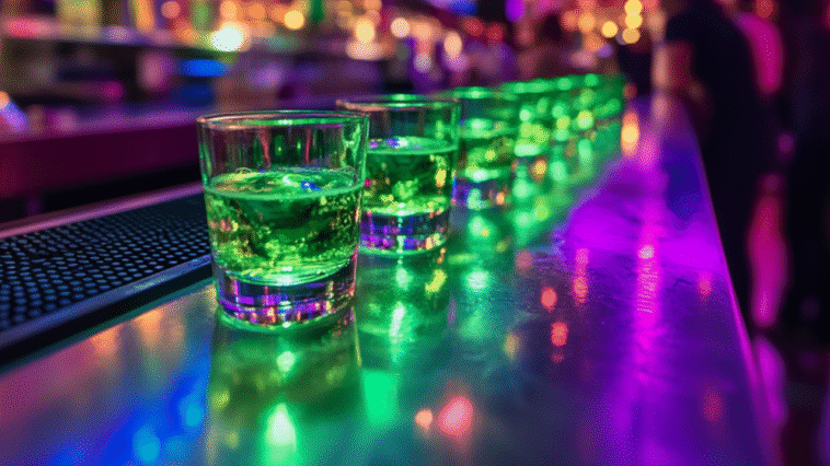 Bright green shots lined up on a reflective bar under colorful neon lights, with a lively nightclub atmosphere and blurred crowd in the background.