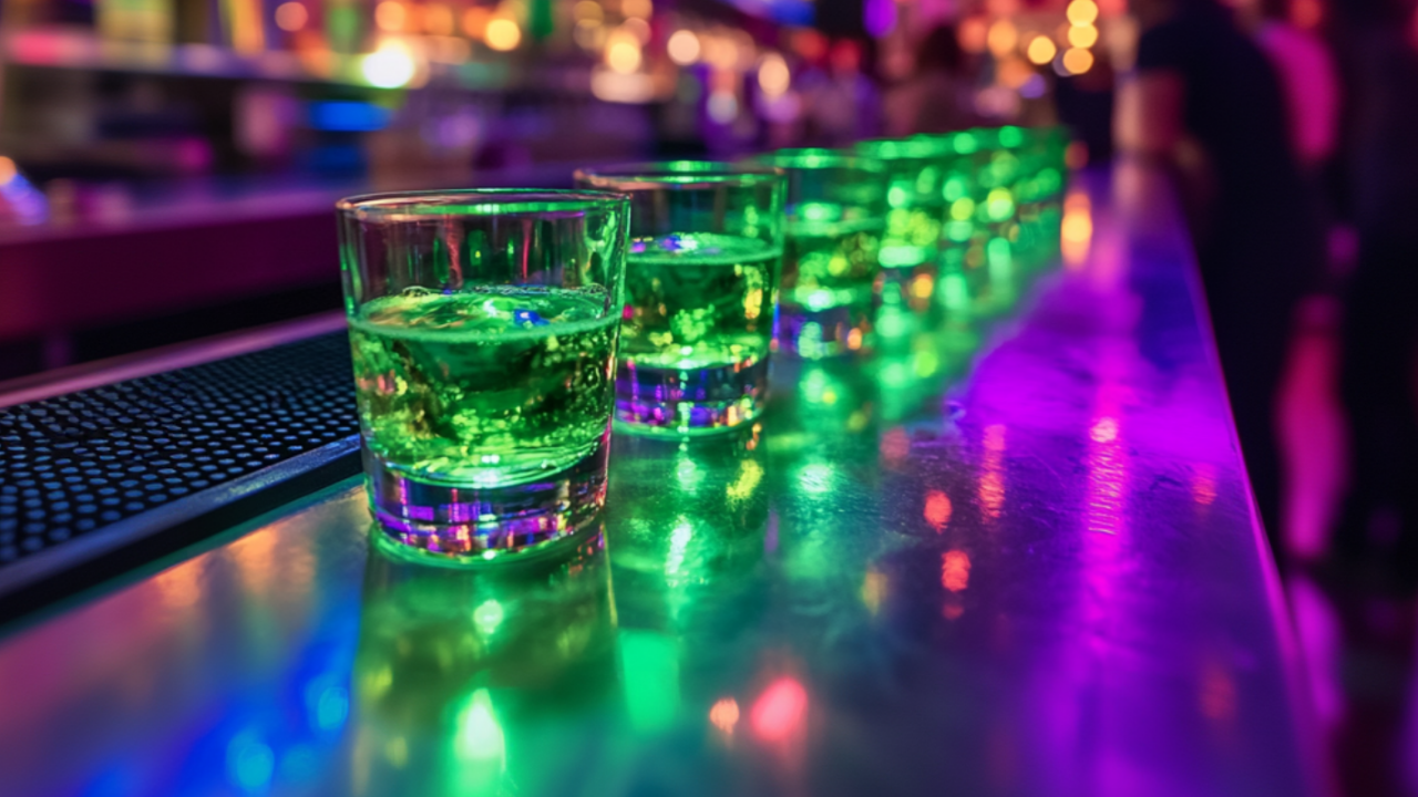 Bright green shots lined up on a reflective bar under colorful neon lights, with a lively nightclub atmosphere and blurred crowd in the background.