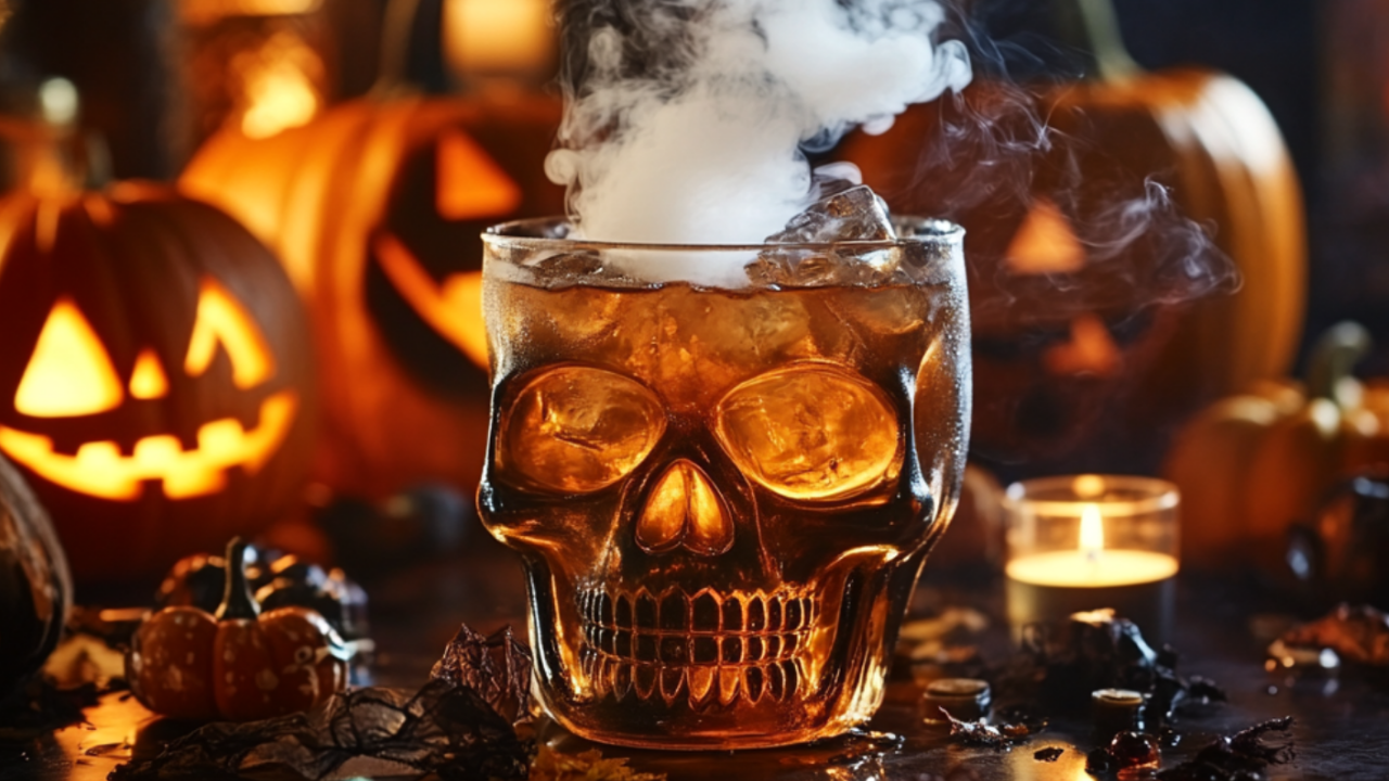 A spooky Halloween cocktail served in a smoking skull glass, surrounded by jack-o'-lanterns, candles, and eerie decor in a dark festive setting.