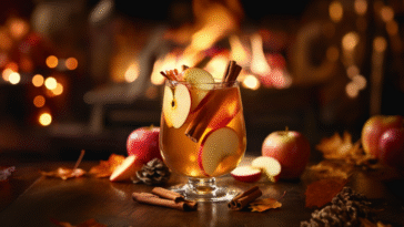 A warm apple cider cocktail garnished with apple slices and cinnamon sticks, set in a cozy autumn scene with leaves, apples, and a glowing fireplace.