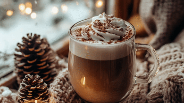 A rich brown coffee cocktail with cream and cinnamon sits by a frosty window, glowing in candlelight beside cozy knits, pinecones, and winter snow