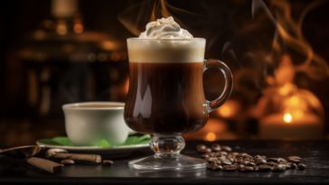 hot mug of irish coffee on the bar