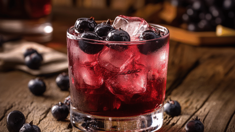 A vibrant huckleberry cocktail served over ice in a short glass, garnished with fresh huckleberries, on a rustic wooden table with a bar background.