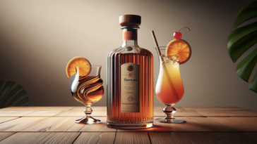 A image featuring a simple yet elegant bottle of rum next to a classic hurricane cocktail. The bottle, filled with a rich amber-colored rum, stands on the right, with its label facing forward. On the left is a hurricane cocktail, colorful and vibrant, served in a curvy hurricane glass garnished with a slice of orange and a cherry. The setting is a plain wooden tabletop, focusing solely on the bottle of rum and the cocktail, with no additional background elements.
