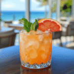 Light orange cocktail with ice, mint leaves, and a grapefruit slice served in a glass, set in a bright coastal restaurant with ocean views and natural light.