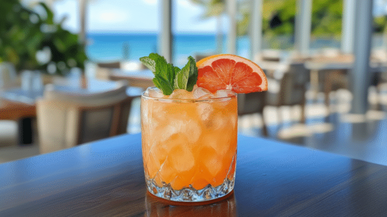 Light orange cocktail with ice, mint leaves, and a grapefruit slice served in a glass, set in a bright coastal restaurant with ocean views and natural light.