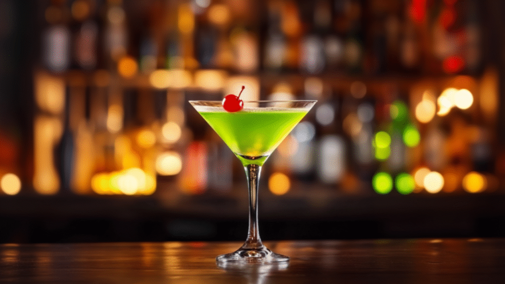 Vibrant green Japanese Slipper cocktail in a martini glass, garnished with a red cherry, set against a softly lit bar with blurred bottles in the background.