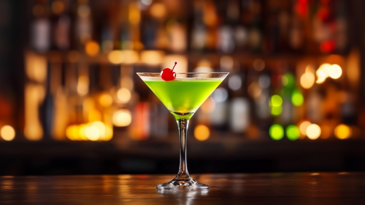 Vibrant green Japanese Slipper cocktail in a martini glass, garnished with a red cherry, set against a softly lit bar with blurred bottles in the background.