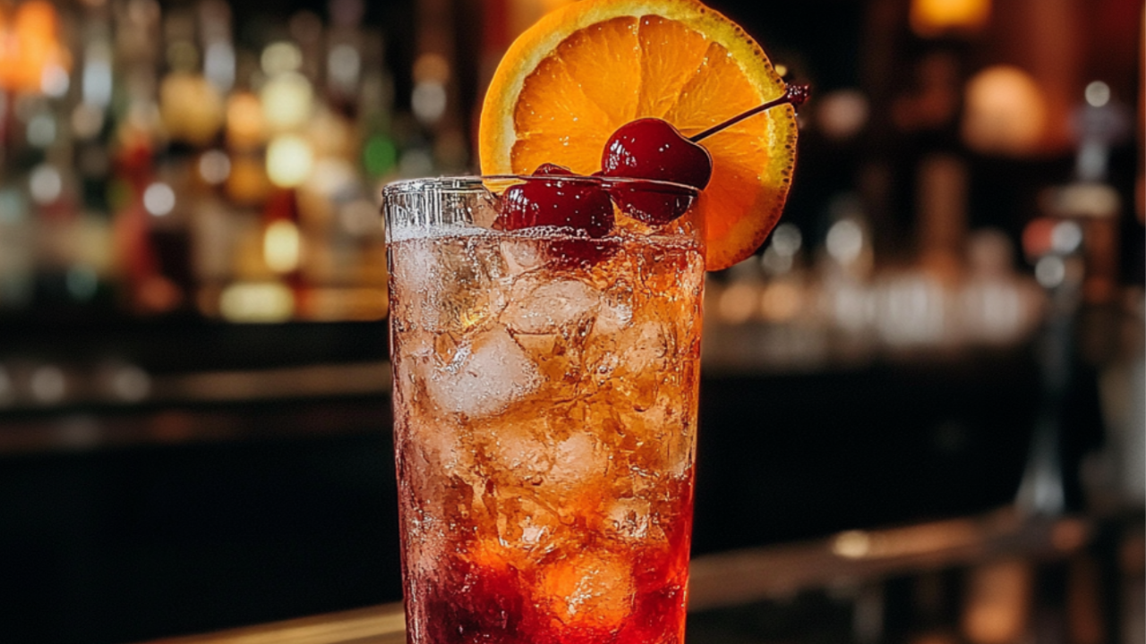 Vibrant red and orange Jim Beam cocktail served in a tall glass with an orange slice and cherry garnish, set against a cozy bar with warm lighting.