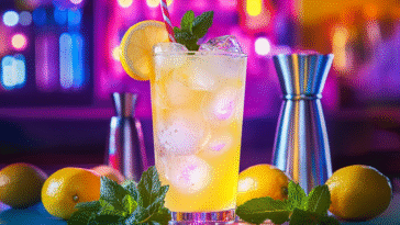 A vibrant lemon vodka cocktail with a candy garnish sits at a glowing neon bar, surrounded by lemons, mint, and a shaker in a lively nightlife scene.
