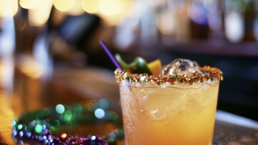 mardi gras cocktail on a bar top in new orleans