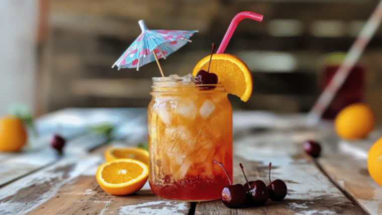 A colorful mason jar cocktail with oranges, cherries, and a tiny umbrella sits on a rustic table