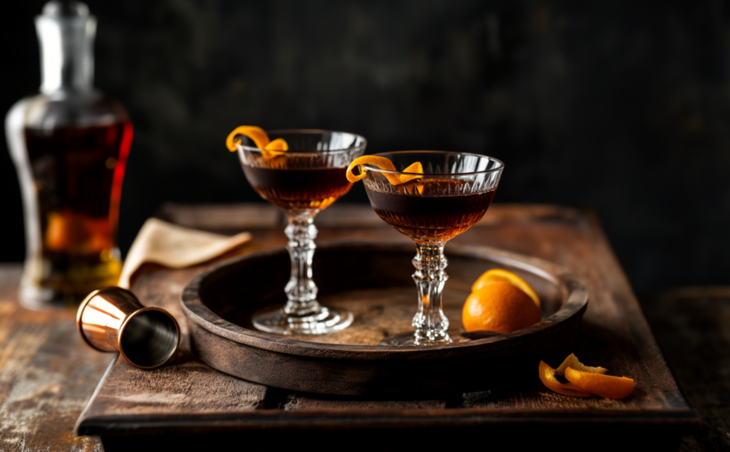 Two crystal glasses filled with dark nocino cocktails, garnished with orange peel, sit elegantly on a wooden tray beside a jigger and fresh orange peel.