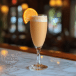 Orange Creamsicle Mimosa in a flute glass with orange juice, whipped vodka, Cointreau, half-and-half, and Prosecco, garnished with an orange slice.