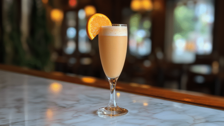 Orange Creamsicle Mimosa in a flute glass with orange juice, whipped vodka, Cointreau, half-and-half, and Prosecco, garnished with an orange slice.
