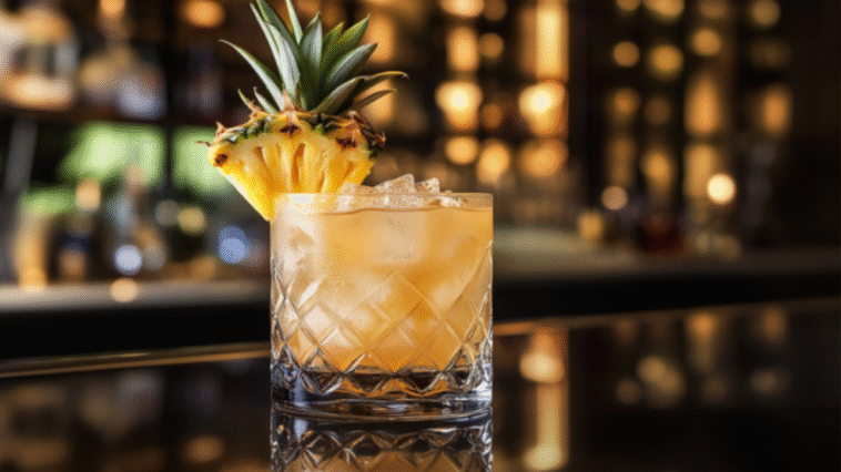 16 Patron Cocktails to Try 1 Patron pineapple cocktail in a modern glass with pineapple garnish on a sleek bar, set against a chic lounge with upscale lighting and stylish decor.