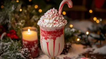 A red and white peppermint cocktail topped with whipped cream and crushed candy cane sits by a glowing Christmas scene with pine, candles, and snow outside.