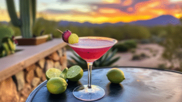A vibrant magenta prickly pear cocktail in a martini glass sits on a patio table, surrounded by cacti, limes, and desert views under a colorful sky.