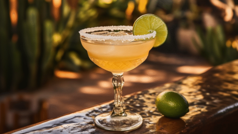 Reposado tequila cocktail in a margarita glass with salt rim and lime garnish, set on a patio bar with sunset, cactus, and limes in a tropical setting.