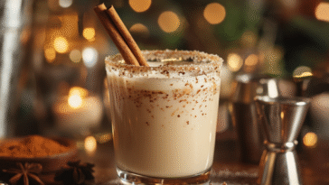 Creamy beige RumChata shot in a small glass with a cinnamon stick and sugar rim, set on a bar counter surrounded by spices, shakers, and warm lighting.
