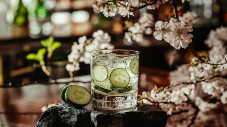 A clear Shochu cocktail with lime and cucumber slices sits on a sleek bar, framed by soft greens, stone, and cherry blossoms in a peaceful Japanese setting.