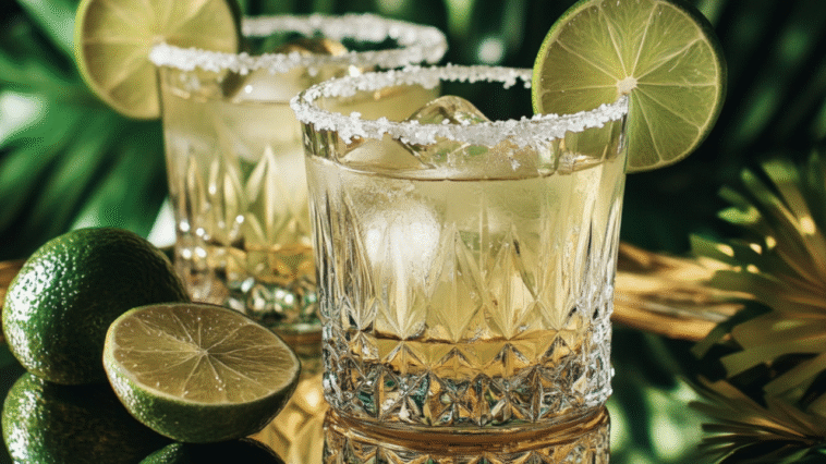 Two crystal glasses of sotol margaritas with salted rims, lime slices, and ice, served on a reflective tray with a vibrant, tropical green backdrop.