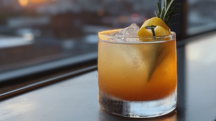 A chilled Suze cocktail with ice, lemon twist, and rosemary garnish glows in sunset light, set on a sleek surface with a blurred cityscape in the background.