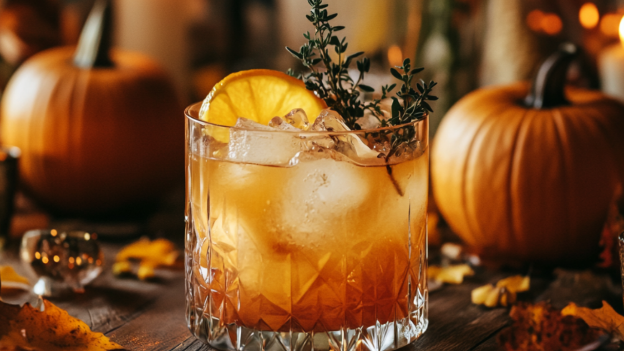 An amber-orange Thanksgiving cocktail with herbs and citrus sits on a festive table filled with pumpkins, candles, fall leaves, and warm golden light.