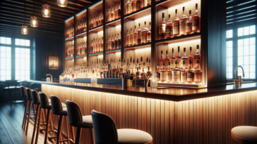 The scene features a well-crafted wooden bar in the foreground, with soft, warm lighting creating an inviting atmosphere. Behind the bar, there's a prominently displayed shelf with a collection of top-shelf bourbon bottles. The bottles, with elegant labels, are arranged meticulously, highlighting their premium quality. The lighting is arranged to accentuate the bottles and the bar, with a few high stools visible in front of the bar.