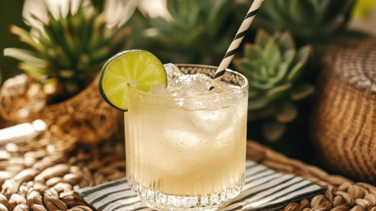 A light and crisp Topo Chico skinny margarita with lime and ice, served with a striped straw on a woven mat, with succulents in the background.