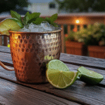 Copper mug filled with golden Tuaca cocktail, ice, fresh mint, and lime slices on a rustic table, with warm string lights and a lively outdoor bar backdrop.